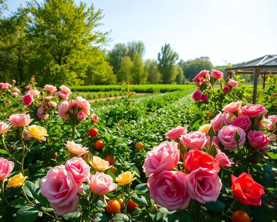 Blühende Rosen und Gemüsepflanzen im Mai