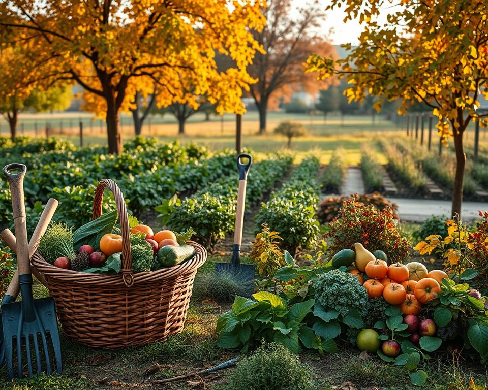 Herbstgarten mit Ernte und Pflegearbeiten