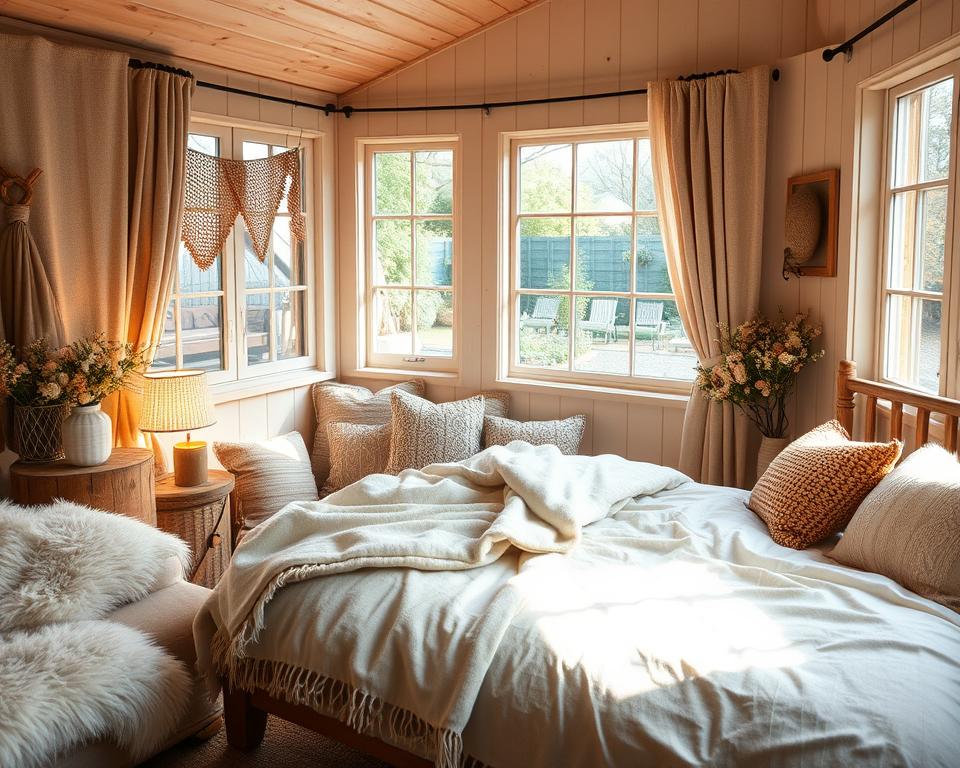 Gemütliche Textilien im Gartenhaus Schlafbereich
