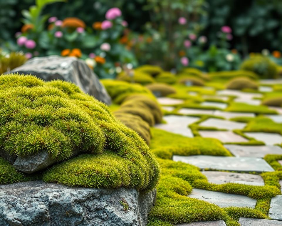 Moosarten auf Gartensteinen