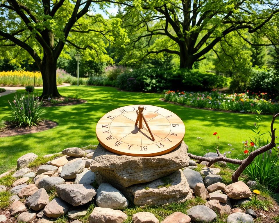 Sonnenuhr im Garten mit Naturmaterialien