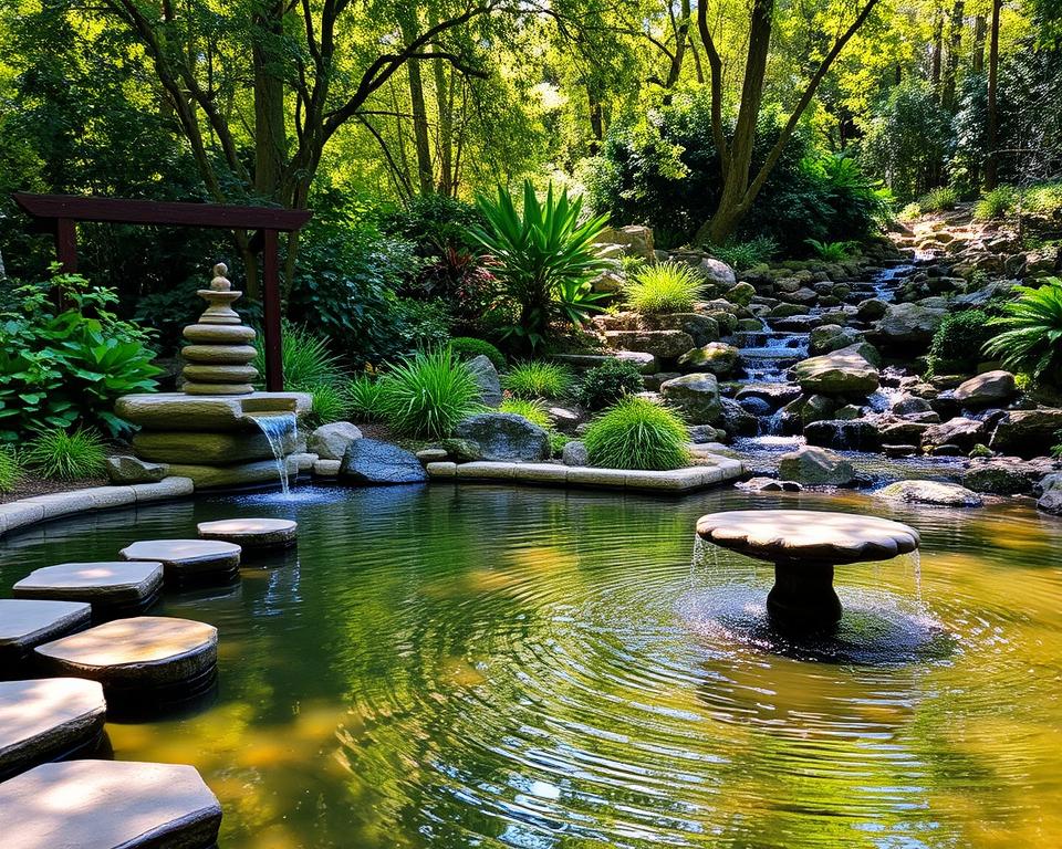 Verschiedene Arten von Wasserspielen im Garten