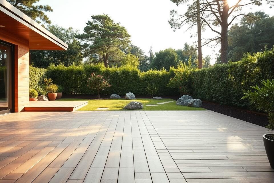 Kombinierte Holz-Stein-Terrasse: Moderne Gartengestaltung