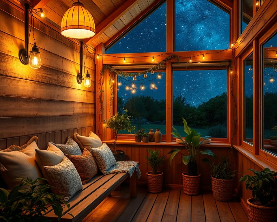 Atmosphärische Beleuchtung im Gartenhaus