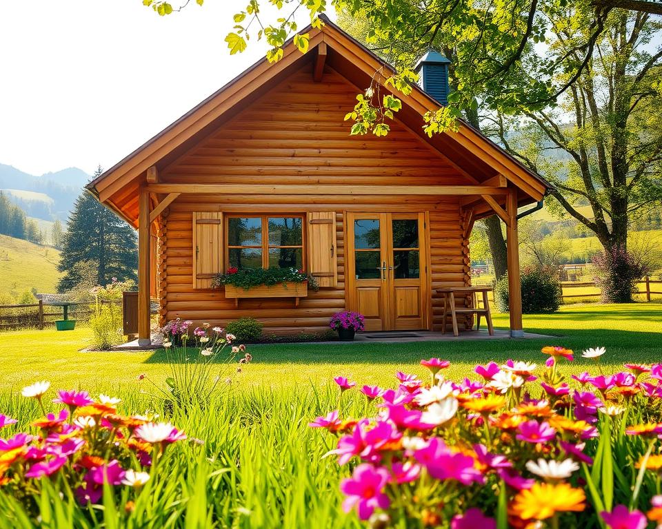 A beautiful, classic garden house featuring a prominent "Satteldach" (gable roof) stands proudly in a well-kept garden. The foreground showcases vibrant flowerbeds overflowing with colorful flowers and lush green grass. In the middle ground, the wooden garden house with a sloping gabled roof has natural wooden textures and warm, inviting hues. Large windows with flower boxes add charm, while a wooden porch invites relaxation. In the background, gently rolling hills and trees create a serene countryside atmosphere, with soft diffused sunlight filtering through the leaves, casting warm shadows on the ground. The angle captures the house from a low perspective, enhancing its height and structure while creating a welcoming and peaceful mood.
