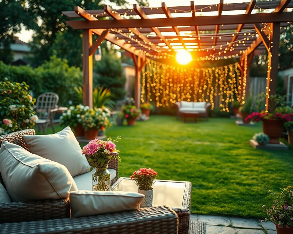 A beautifully arranged cozy outdoor seating area featuring elegant garden furniture. In the foreground, there are plush cushions on a stylish rattan sofa, with a small coffee table adorned with a decorative vase of vibrant flowers. The middle ground showcases a neatly manicured lawn, dotted with potted plants and greenery that exude a warm, inviting ambiance. In the background, a wooden pergola draped with soft fairy lights creates a serene atmosphere as the sun sets, casting a gentle golden light across the scene. The image captures an idyllic garden space, perfect for relaxation, with a focus on comfortable living and aesthetic charm. The overall mood is tranquil and welcoming, ideal for enjoying nature with friends or family. A beautifully arranged cozy outdoor seating area featuring elegant garden furniture. In the foreground, there are plush cushions on a stylish rattan sofa, with a small coffee table adorned with a decorative vase of vibrant flowers. The middle ground showcases a neatly manicured lawn, dotted with potted plants and greenery that exude a warm, inviting ambiance. In the background, a wooden pergola draped with soft fairy lights creates a serene atmosphere as the sun sets, casting a gentle golden light across the scene. The image captures an idyllic garden space, perfect for relaxation, with a focus on comfortable living and aesthetic charm. The overall mood is tranquil and welcoming, ideal for enjoying nature with friends or family.