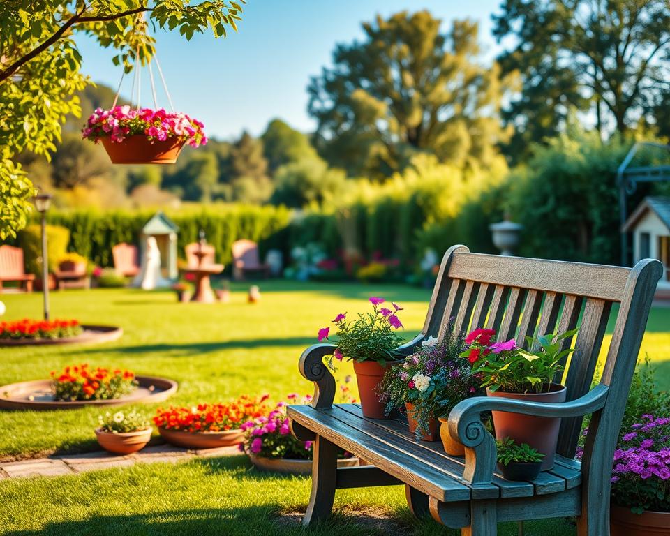 A beautifully arranged garden décor scene showcasing practical care tips for garden decorations. In the foreground, depict a charming wooden bench filled with vibrant potted plants and hanging flower baskets. The middle features a well-manicured lawn with decorative elements like garden gnomes, birdhouses, and a small water fountain, all surrounded by colorful flower beds. The background includes lush greenery and a soft-focus of distant trees under a clear blue sky, illuminated by warm afternoon sunlight that creates a serene and inviting atmosphere. Use a slightly elevated angle to capture the essence of the garden while emphasizing the thoughtful arrangement of décor elements. The overall mood should be peaceful and inspiring, encouraging viewers to imagine their own personalized garden space. A beautifully arranged garden décor scene showcasing practical care tips for garden decorations. In the foreground, depict a charming wooden bench filled with vibrant potted plants and hanging flower baskets. The middle features a well-manicured lawn with decorative elements like garden gnomes, birdhouses, and a small water fountain, all surrounded by colorful flower beds. The background includes lush greenery and a soft-focus of distant trees under a clear blue sky, illuminated by warm afternoon sunlight that creates a serene and inviting atmosphere. Use a slightly elevated angle to capture the essence of the garden while emphasizing the thoughtful arrangement of décor elements. The overall mood should be peaceful and inspiring, encouraging viewers to imagine their own personalized garden space.
