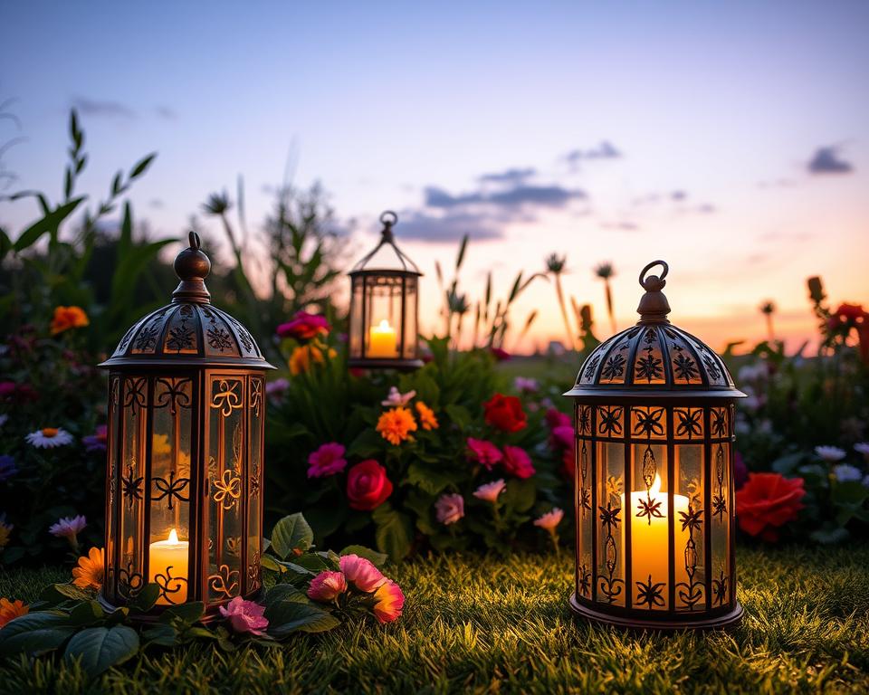 A beautifully arranged garden scene featuring elegant wind lanterns (Windlichter) as a central decorative element. In the foreground, showcase intricately designed lanterns made of glass and metal, softly glowing with warm candlelight, casting delicate patterns on the ground. The middle ground should include lush greenery, with a variety of colorful flowers blooming around the lanterns, creating a vibrant, inviting atmosphere. In the background, depict a twilight sky with subtle hues of purple and orange, adding to the magical ambiance. The scene should be illuminated by gentle, ambient lighting, suggesting a peaceful, serene evening. Capture this enchanting moment from a slightly elevated angle, focusing on the interplay of light and shadow to convey warmth and tranquility, perfect for decor inspiration. A beautifully arranged garden scene featuring elegant wind lanterns (Windlichter) as a central decorative element. In the foreground, showcase intricately designed lanterns made of glass and metal, softly glowing with warm candlelight, casting delicate patterns on the ground. The middle ground should include lush greenery, with a variety of colorful flowers blooming around the lanterns, creating a vibrant, inviting atmosphere. In the background, depict a twilight sky with subtle hues of purple and orange, adding to the magical ambiance. The scene should be illuminated by gentle, ambient lighting, suggesting a peaceful, serene evening. Capture this enchanting moment from a slightly elevated angle, focusing on the interplay of light and shadow to convey warmth and tranquility, perfect for decor inspiration.