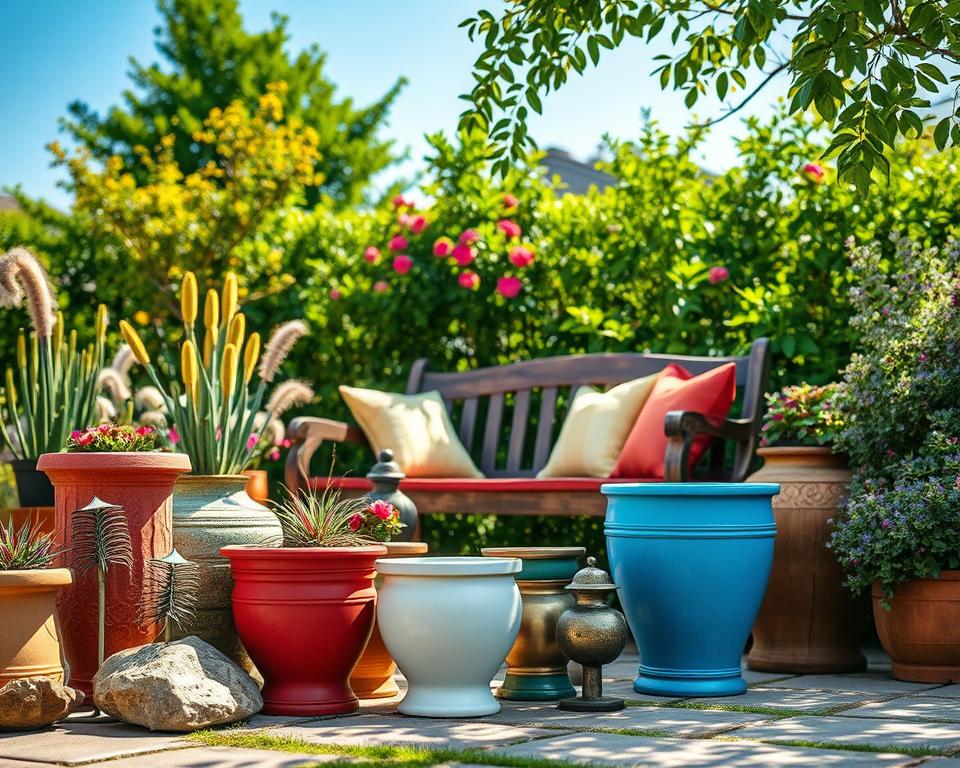 A beautifully arranged garden scene featuring various weatherproof garden decoration materials. In the foreground, showcase an assortment of colorful, durable planters made from resin and ceramic, along with decorative stones and metal sculptures. The middle ground includes a cozy seating area with a rustic wooden bench, adorned with vibrant cushions protected against the elements. In the background, lush greenery flourishes with a variety of shrubs and flowers, subtly highlighting the garden's charm. Soft, natural sunlight filters through the leaves, creating gentle shadows on the ground, while a clear blue sky adds an uplifting atmosphere. The composition captures a tranquil, inviting mood ideal for outdoor living and enjoyment. A beautifully arranged garden scene featuring various weatherproof garden decoration materials. In the foreground, showcase an assortment of colorful, durable planters made from resin and ceramic, along with decorative stones and metal sculptures. The middle ground includes a cozy seating area with a rustic wooden bench, adorned with vibrant cushions protected against the elements. In the background, lush greenery flourishes with a variety of shrubs and flowers, subtly highlighting the garden's charm. Soft, natural sunlight filters through the leaves, creating gentle shadows on the ground, while a clear blue sky adds an uplifting atmosphere. The composition captures a tranquil, inviting mood ideal for outdoor living and enjoyment.