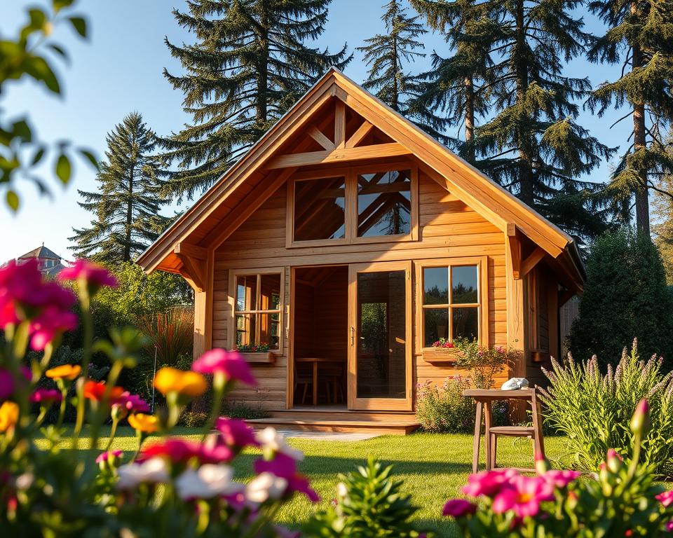 A beautifully constructed garden house featuring a gable roof (Walmdach) nestled in a serene garden setting. In the foreground, vibrant flowers and greenery frame the structure, adding a touch of nature. The middle scene highlights the intricacies of the garden house's wooden architecture, showcasing its sloping roof and large windows that allow natural light to pour in. In the background, tall trees and a clear blue sky create a calming atmosphere. The lighting is soft, mimicking late afternoon sunlight, casting gentle shadows that enhance the texture of the wood. The angle is slightly elevated, providing a comprehensive view of the building’s design while maintaining a warm, inviting feel. The overall mood is peaceful and elegant, perfect for inspiring garden enthusiasts.