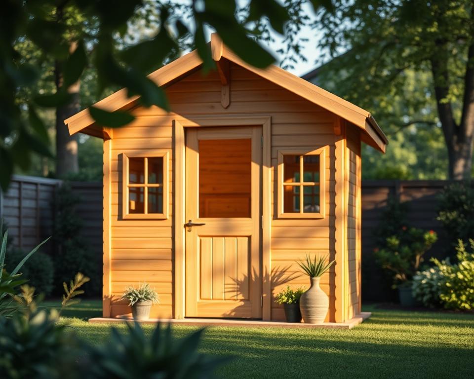 A beautifully crafted Gartenhaus made from natural wood, showcasing a sturdy 28mm wall thickness, stands prominently in a lush, green garden setting. In the foreground, the entrance features a charming door and window, allowing sunlight to filter through, casting warm, inviting shadows. The middle ground highlights the texture of the wooden walls, emphasizing their strength and durability, complemented by decorative plants around the base. In the background, soft-focus trees provide a serene atmosphere, enhancing the peaceful garden environment. Use soft, natural lighting to evoke a sense of warmth and tranquility. Capture this from a slightly elevated angle to showcase the Gartenhaus’s structure and its harmonious integration into the surrounding nature, conveying a feeling of comfort and craftsmanship.