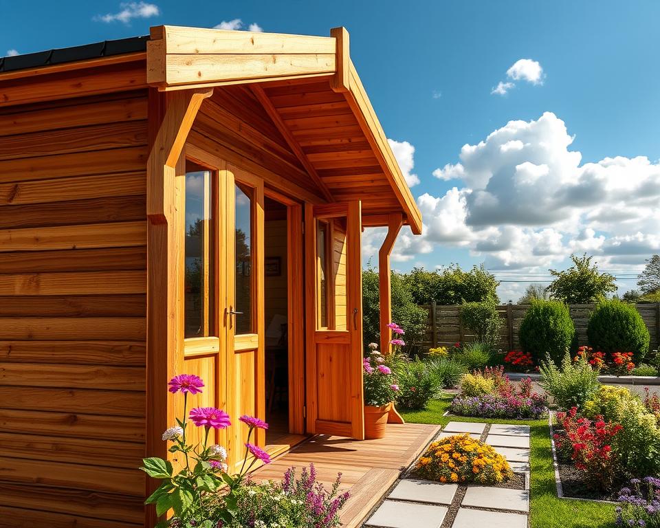 A beautifully crafted Gartenhaus made of premium-quality wood, showcasing 44mm thick walls for year-round use. The foreground features the intricately detailed wooden texture of the cabin, highlighting its sturdy construction. In the middle ground, a well-manicured garden surrounds the cabin, with vibrant flowers and greenery that enhance its natural charm. The background displays a clear blue sky with fluffy clouds, emphasizing a serene outdoor setting. The lighting is soft and warm, casting gentle shadows that accentuate the depth of the wood. The angle captures the Gartenhaus at a slight diagonal, creating a dynamic perspective. The overall mood is inviting and tranquil, reflecting the essence of quality craftsmanship in outdoor living.
