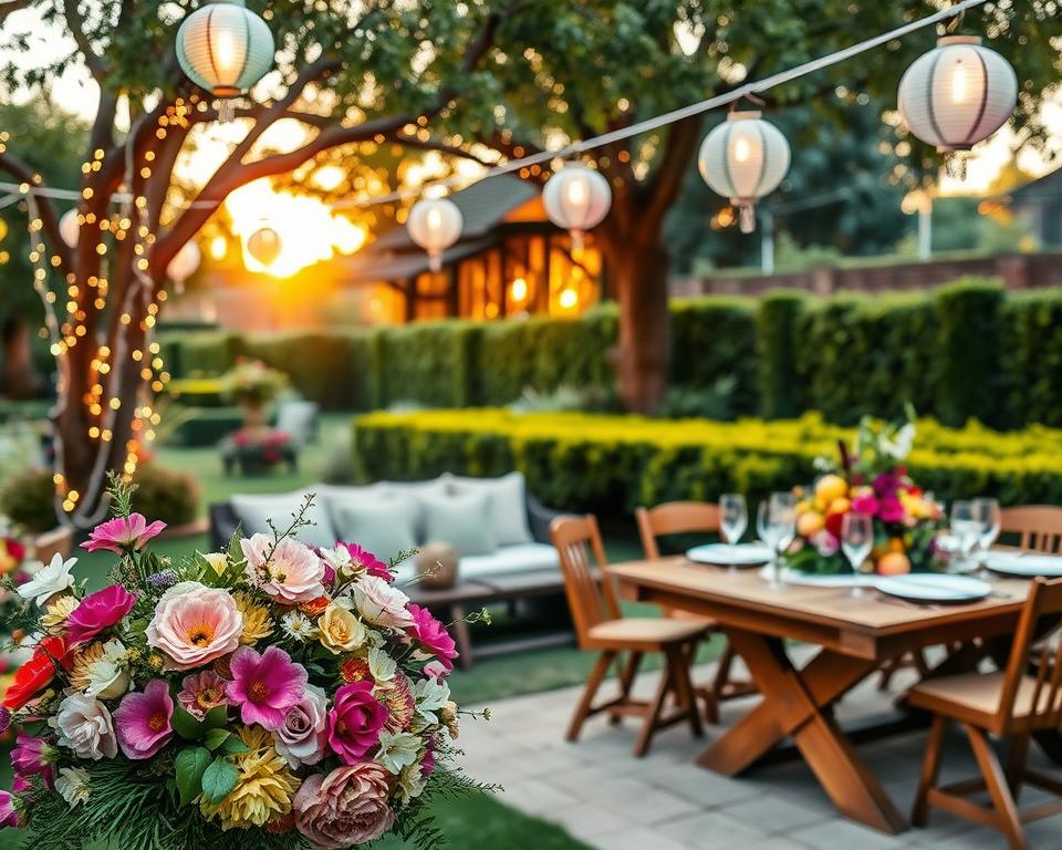 A beautifully decorated garden for a festive outdoor event, showcasing elegant fairy lights strung between trees, soft pastel-colored lanterns hanging from branches, and a stylish wooden dining table set for a joyful gathering. In the foreground, delicate floral arrangements with an array of seasonal blooms in vibrant colors, adorned with lush greenery. The middle ground features a cozy seating area with inviting cushions and a tasteful table set with elegant dishware, sparkling glassware, and fresh fruit centerpieces. The background reveals manicured hedges and an enchanting sunset casting warm golden light over the scene. The atmosphere is cheerful and inviting, perfect for a joyful celebration in a serene garden setting. A beautifully decorated garden for a festive outdoor event, showcasing elegant fairy lights strung between trees, soft pastel-colored lanterns hanging from branches, and a stylish wooden dining table set for a joyful gathering. In the foreground, delicate floral arrangements with an array of seasonal blooms in vibrant colors, adorned with lush greenery. The middle ground features a cozy seating area with inviting cushions and a tasteful table set with elegant dishware, sparkling glassware, and fresh fruit centerpieces. The background reveals manicured hedges and an enchanting sunset casting warm golden light over the scene. The atmosphere is cheerful and inviting, perfect for a joyful celebration in a serene garden setting.