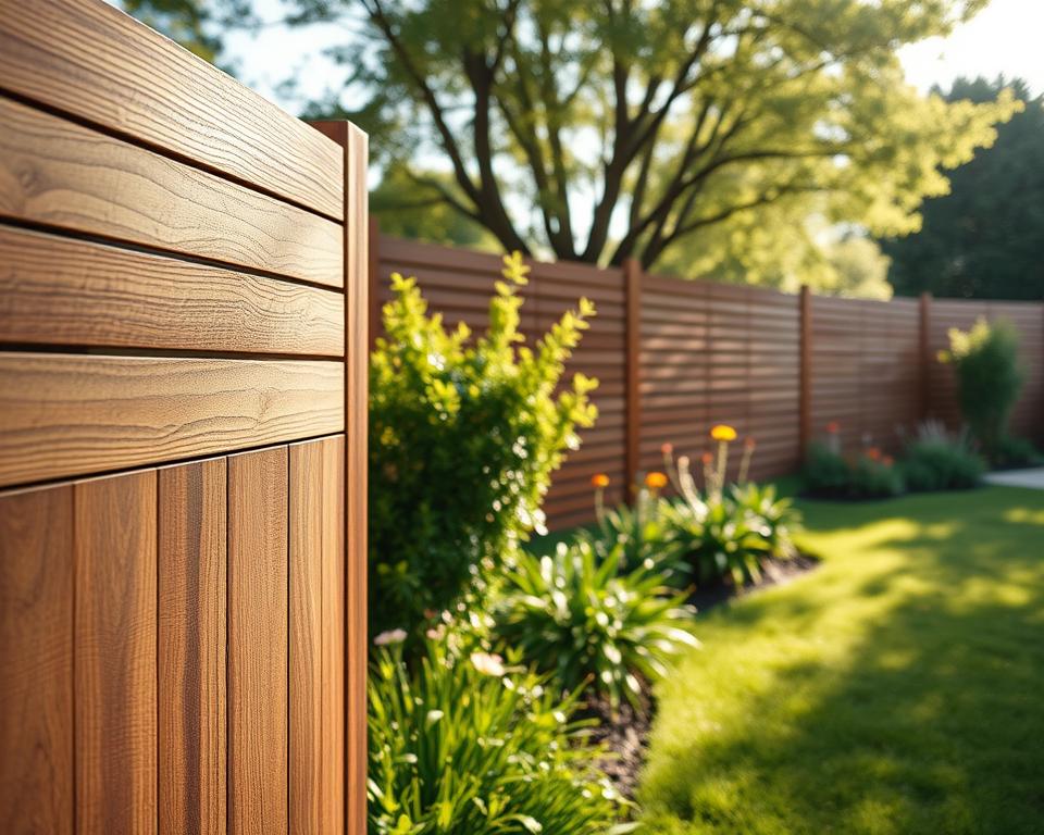 A beautifully designed ECOline privacy fence in a rich wood texture, showcasing its elegant slats in a contemporary garden setting. In the foreground, a close-up view of the textured wood grain, reflecting natural hues of brown and tan, emphasizing the eco-friendly material. The middle ground displays the full height of the fence along with lush, green shrubs and colorful flowers that add vibrancy. In the background, a serene garden space can be seen, with soft sunlight filtering through trees, creating dappled light patterns on the grass. The atmosphere is peaceful and inviting, highlighting the bespoke character of the ECOline series, ideal for individualists seeking a stylish outdoor solution. Use a wide-angle lens to capture the entire scene with a warm, natural light feel. A beautifully designed ECOline privacy fence in a rich wood texture, showcasing its elegant slats in a contemporary garden setting. In the foreground, a close-up view of the textured wood grain, reflecting natural hues of brown and tan, emphasizing the eco-friendly material. The middle ground displays the full height of the fence along with lush, green shrubs and colorful flowers that add vibrancy. In the background, a serene garden space can be seen, with soft sunlight filtering through trees, creating dappled light patterns on the grass. The atmosphere is peaceful and inviting, highlighting the bespoke character of the ECOline series, ideal for individualists seeking a stylish outdoor solution. Use a wide-angle lens to capture the entire scene with a warm, natural light feel.