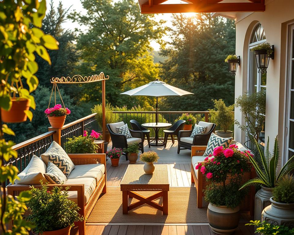 A beautifully designed balcony and terrace showcasing lush greenery and stylish decor. In the foreground, a cozy seating arrangement with comfortable cushions and a small coffee table is set on a wooden deck. Potted plants with vibrant flowers and hanging planters add color and life. In the middle ground, a variety of garden furniture, such as a sun umbrella and decorative lanterns, creates an inviting atmosphere. The background frames a panoramic view of a lush garden, with treetops catching the sunlight. The lighting is warm and golden, evoking a serene late afternoon ambiance. Capture the scene from a slightly elevated angle to emphasize the inviting layout, with soft focus on the greenery to enhance the tranquility of the environment. A beautifully designed balcony and terrace showcasing lush greenery and stylish decor. In the foreground, a cozy seating arrangement with comfortable cushions and a small coffee table is set on a wooden deck. Potted plants with vibrant flowers and hanging planters add color and life. In the middle ground, a variety of garden furniture, such as a sun umbrella and decorative lanterns, creates an inviting atmosphere. The background frames a panoramic view of a lush garden, with treetops catching the sunlight. The lighting is warm and golden, evoking a serene late afternoon ambiance. Capture the scene from a slightly elevated angle to emphasize the inviting layout, with soft focus on the greenery to enhance the tranquility of the environment.
