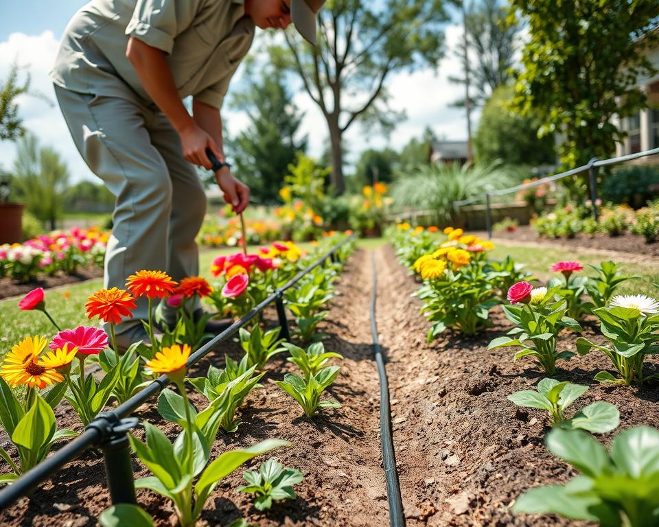A beautifully landscaped garden featuring an elaborate irrigation system installation. In the foreground, a professional gardener in modest casual clothing is demonstrating the installation of drip irrigation lines near vibrant flower beds. The middle ground shows neatly arranged plants with their roots being carefully watered, with various tools like spades and hoses visible. In the background, a sunny sky enhances the mood, casting soft, natural light on the scene, emphasizing the lush greenery. A slight overhead angle captures the entire setup, highlighting how the irrigation system integrates seamlessly into the garden planning process. The overall atmosphere is serene and productive, reflecting the importance of proper installation and maintenance in gardening.