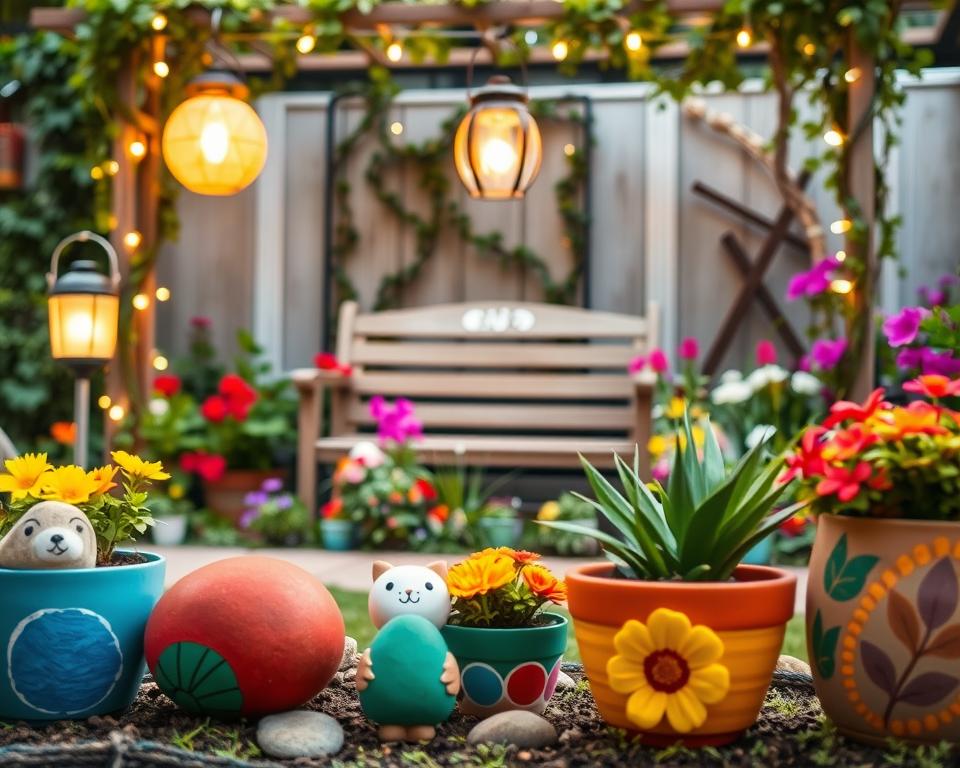 A beautifully landscaped garden scene featuring a variety of creative garden decorations. In the foreground, showcase colorful flower pots with unique designs, like painted stones and whimsical animal figures. In the middle ground, display a charming wooden bench surrounded by a mix of lush plants and vibrant flowers, complemented by hanging lanterns that emit warm, inviting light. The background should feature a trellis adorned with climbing vines and fairy lights, creating an enchanting atmosphere. The image should be captured in soft, natural daylight, with a shallow depth of field to emphasize the foreground details while maintaining a serene garden vibe. The overall mood should be cheerful and inspiring, perfect for showcasing innovative garden decoration ideas. A beautifully landscaped garden scene featuring a variety of creative garden decorations. In the foreground, showcase colorful flower pots with unique designs, like painted stones and whimsical animal figures. In the middle ground, display a charming wooden bench surrounded by a mix of lush plants and vibrant flowers, complemented by hanging lanterns that emit warm, inviting light. The background should feature a trellis adorned with climbing vines and fairy lights, creating an enchanting atmosphere. The image should be captured in soft, natural daylight, with a shallow depth of field to emphasize the foreground details while maintaining a serene garden vibe. The overall mood should be cheerful and inspiring, perfect for showcasing innovative garden decoration ideas.