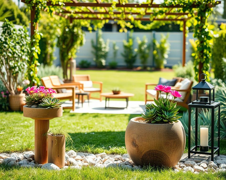 A beautifully landscaped garden showcasing innovative décor trends for outdoor spaces. In the foreground, an elegant arrangement of handcrafted wooden plant stands featuring vibrant flowering plants and succulents, surrounded by decorative stones. In the middle ground, chic modern garden furniture, such as sustainable bamboo benches and stylish lanterns casting a warm glow, invite relaxation. The background reveals a lush green lawn framed by a trellis adorned with climbing vines, with soft sunlight filtering through, creating a tranquil and inviting atmosphere. Utilize a shallow depth of field to focus on the decorative elements while blurring the background slightly for depth. Capture the scene in daylight with a bright clear sky, evoking a fresh and inspiring mood for garden enthusiasts. A beautifully landscaped garden showcasing innovative décor trends for outdoor spaces. In the foreground, an elegant arrangement of handcrafted wooden plant stands featuring vibrant flowering plants and succulents, surrounded by decorative stones. In the middle ground, chic modern garden furniture, such as sustainable bamboo benches and stylish lanterns casting a warm glow, invite relaxation. The background reveals a lush green lawn framed by a trellis adorned with climbing vines, with soft sunlight filtering through, creating a tranquil and inviting atmosphere. Utilize a shallow depth of field to focus on the decorative elements while blurring the background slightly for depth. Capture the scene in daylight with a bright clear sky, evoking a fresh and inspiring mood for garden enthusiasts.