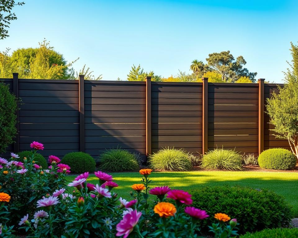 A beautifully landscaped garden showcasing the SICHTAFLEX Premium Series design fencing. In the foreground, vibrant flowers and neatly trimmed shrubs create an inviting atmosphere. The middle ground features the elegant privacy fence, constructed from high-quality materials with a sleek, modern design, emphasizing exclusivity and sophistication. The fence panels exhibit a combination of deep colors and smooth textures, highlighting the craftsmanship. Soft, natural lighting enhances the scene, casting gentle shadows and creating a warm ambiance. In the background, a serene garden with lush greenery and a clear blue sky adds to the tranquility. The composition should evoke a sense of luxury and retreat, inviting viewers to imagine the perfect outdoor haven. A beautifully landscaped garden showcasing the SICHTAFLEX Premium Series design fencing. In the foreground, vibrant flowers and neatly trimmed shrubs create an inviting atmosphere. The middle ground features the elegant privacy fence, constructed from high-quality materials with a sleek, modern design, emphasizing exclusivity and sophistication. The fence panels exhibit a combination of deep colors and smooth textures, highlighting the craftsmanship. Soft, natural lighting enhances the scene, casting gentle shadows and creating a warm ambiance. In the background, a serene garden with lush greenery and a clear blue sky adds to the tranquility. The composition should evoke a sense of luxury and retreat, inviting viewers to imagine the perfect outdoor haven.