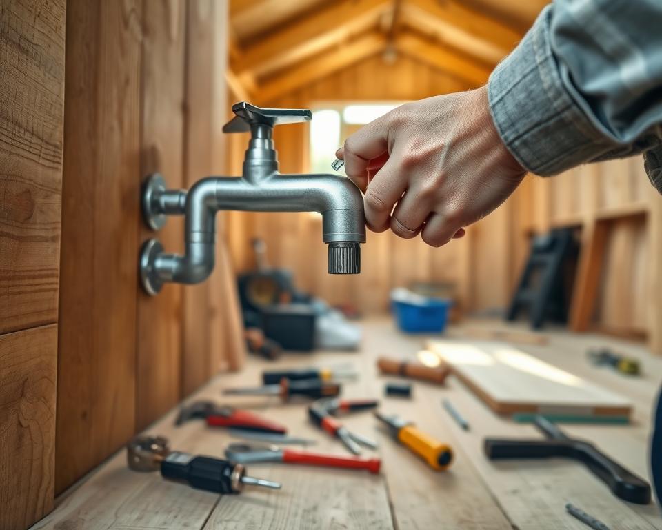 A close-up of a garden shed installation scene featuring a modern water tap being securely fitted onto a wooden wall panel. In the foreground, a pair of hands in modest casual clothing hold the tap, expertly positioning it with a wrench. The middle ground showcases an assortment of tools such as screwdrivers and pliers scattered around, highlighting the installation process. In the background, a partially constructed garden shed with visible wooden beams is bathed in soft, natural light, creating a warm and inviting atmosphere. The angle captures depth, emphasizing the hands-on aspect of the task while maintaining a clear focus on the water tap and fittings, showcasing the craftsmanship involved in the installation process.