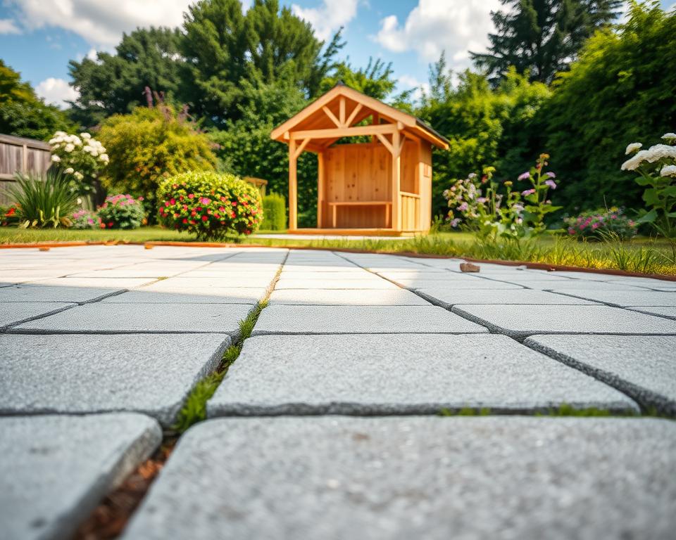A close-up view of a garden pathway made of concrete slabs forming a sturdy foundation for a garden house. The foreground showcases neatly arranged gray Gehwegplatten, with subtle textures and edges highlighted by soft morning light. In the middle ground, a partially constructed wooden garden house, featuring unpainted walls and a sloped roof, is slightly angled to reveal the foundation beneath. The background consists of a lush green garden with blooming flowers and shrubs, creating a vibrant contrast against the stone path. The atmosphere is serene and inviting, with gentle sunlight filtering through scattered clouds, enhancing the overall warmth of the scene. The image is captured with a wide-angle lens to emphasize the expansive garden setting.