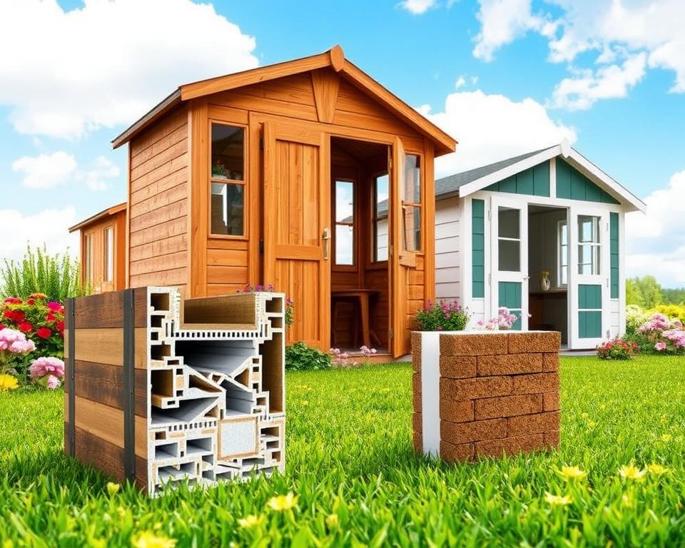 A comparison of garden house wall thicknesses, featuring three distinct garden houses in a bright, inviting garden setting. In the foreground, show detailed cross-sections of each garden house wall, displaying varied thicknesses and materials like wood, metal, and composite. The middle ground includes the full garden houses, showcasing their design and structure, surrounded by vibrant flowers and green grass. In the background, a clear blue sky with soft, white clouds enhances the serene atmosphere. Use soft, natural lighting to highlight the textures of the walls and the surrounding vegetation. The perspective should be slightly elevated to give an informative view of the wall thickness comparison while maintaining a peaceful garden ambiance.