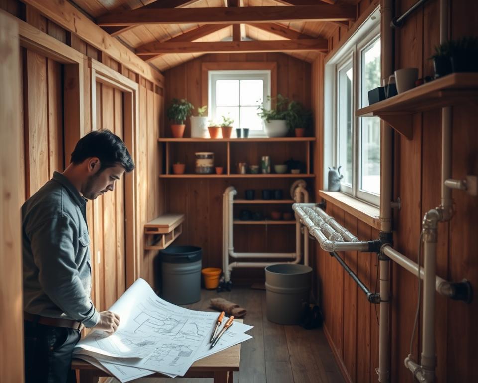 A cozy interior of a garden house undergoing water pipe installation. In the foreground, a worker in casual clothing is examining blueprints spread out on a small table, surrounded by tools and pipes. The middle layer features a partially installed piping system along the walls, with clear fittings and connectors visible, illustrating the layout for water connection. In the background, wooden beams and shelves filled with gardening supplies create a warm, inviting atmosphere. Soft, natural light streams through a window, casting gentle shadows that highlight the details of the installation work. The overall mood is focused and practical, capturing the essence of DIY home improvement in a garden setting.