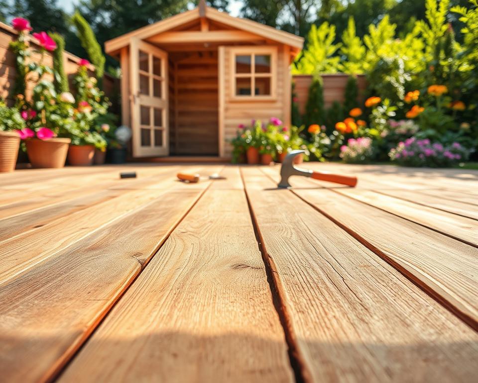 A detailed and well-structured image of "Gartenhausboden Konstruktion" focusing on a wooden garden shed floor. In the foreground, showcase a section of the wooden floor, highlighting the interlocking wooden planks with visible grain textures and knots. In the middle ground, depict a partially constructed garden shed with tools like a hammer and saw nearby, emphasizing the DIY aspect of building the floor. The background should feature a lush garden with vibrant flowers and greenery, under soft, natural daylight, creating a serene and inviting atmosphere. Use a wide-angle lens to capture depth and dimension, with soft shadows playing across the scene, ensuring a professional and informative visual impact. A detailed and well-structured image of "Gartenhausboden Konstruktion" focusing on a wooden garden shed floor. In the foreground, showcase a section of the wooden floor, highlighting the interlocking wooden planks with visible grain textures and knots. In the middle ground, depict a partially constructed garden shed with tools like a hammer and saw nearby, emphasizing the DIY aspect of building the floor. The background should feature a lush garden with vibrant flowers and greenery, under soft, natural daylight, creating a serene and inviting atmosphere. Use a wide-angle lens to capture depth and dimension, with soft shadows playing across the scene, ensuring a professional and informative visual impact.