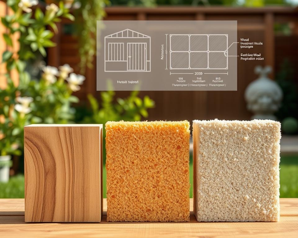 A detailed comparison of garden house wall thicknesses showcasing different thermal insulation properties. In the foreground, display three sections of wall samples made from various materials like wood, polyurethane, and rock wool, highlighting their textures and thicknesses. In the middle ground, a subtle blueprint diagram illustrating insulation values and their impact on heat retention can be integrated. The background features a tranquil garden setting with greenery, hinting at the outdoor context of the garden houses. Soft, natural lighting casts gentle shadows to create depth, and the angle should be slightly elevated to offer a comprehensive view. The overall atmosphere should be informative yet inviting, emphasizing the importance of thermal insulation in garden houses without any text or embellishments.