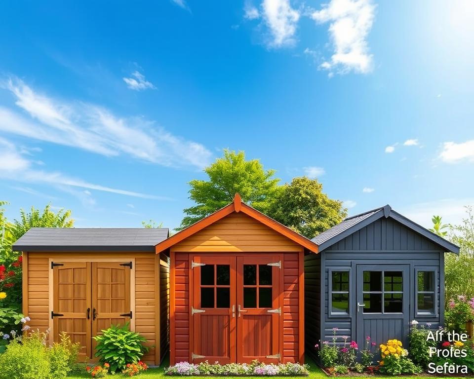 A detailed comparison of various garden shed roof types, featuring a side-by-side visual analysis. In the foreground, showcase three distinct garden shed models: a flat roof, a pitched roof, and a gabled roof, each with different materials like wood and metal. In the middle ground, depict lush greenery and flowering plants to create a serene garden atmosphere. The background should feature a clear blue sky with soft, diffused sunlight, enhancing the vibrant colors of the sheds and the surrounding flora. The perspective should be slightly elevated, offering a comprehensive view of the roofs' shapes and designs. The mood is informative yet inviting, emphasizing functionality and aesthetic appeal in garden design while maintaining a professional presentation.