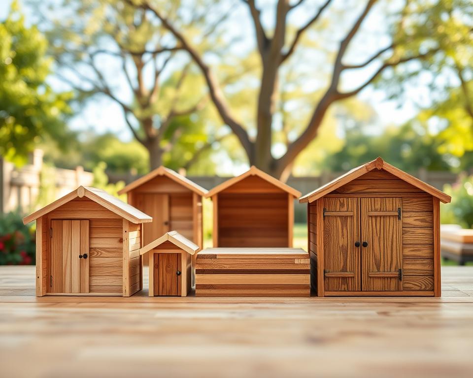 A detailed comparison of wooden garden house materials, showcasing various wall thicknesses. In the foreground, display multiple small wooden structures with different wall thicknesses, highlighting their quality and characteristics. The middle ground should feature an array of wood types: light pine, rich cedar, and durable oak, neatly arranged to emphasize their textures and colors. In the background, a serene garden setting with lush greenery, soft lighting filtering through trees, and a clear blue sky, creating a peaceful atmosphere. Use a shallow depth of field to keep focus on the garden houses while softly blurring the background. The overall mood is informative yet inviting, encouraging an appreciation for material quality.