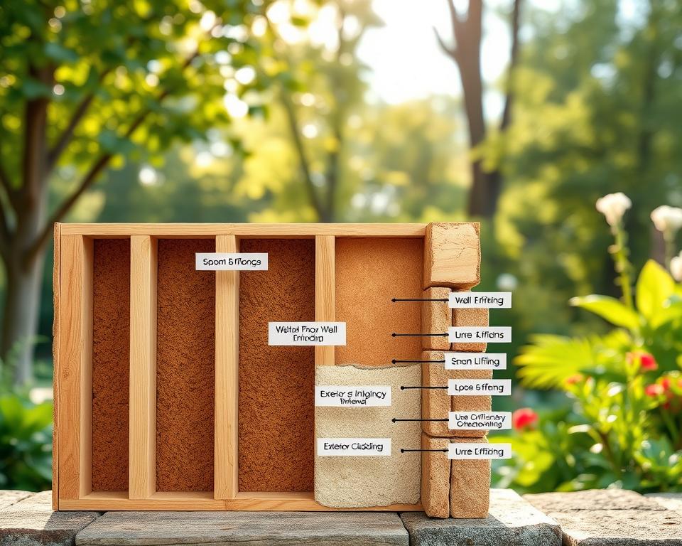 A detailed cross-section of a garden house wall, showcasing various wall thicknesses and materials used in construction. In the foreground, illustrate distinct layers such as wooden framing, insulation, and exterior cladding, emphasizing the differences in thickness. In the middle ground, include labels for each component with a focus on structural integrity and thermal efficiency. The background should feature a serene garden setting with soft natural lighting filtering through trees, creating a calm and informative atmosphere. Use a macro lens perspective to capture intricate details and textures of the materials. The overall mood conveys professionalism and clarity, suitable for educational content on garden house wall standards.