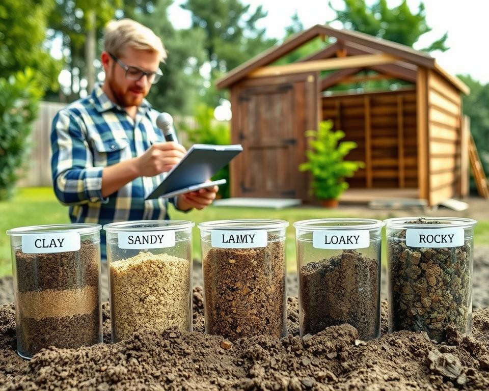 A detailed examination of soil texture for a garden shed foundation. In the foreground, display an assortment of soil samples in clear containers, showcasing different types with labels: clay, sandy, loamy, and rocky. The middle ground features a professional-looking individual wearing a work shirt and safety glasses, analyzing the samples with a magnifying glass, with a notepad in hand, jotting down observations. In the background, depict a serene garden setting with a partially constructed garden shed and lush greenery, showing how soil quality can affect foundation choice. Use soft, natural lighting to create a welcoming and informative atmosphere. Capture the scene from a slightly elevated angle, emphasizing the soil samples while providing context.