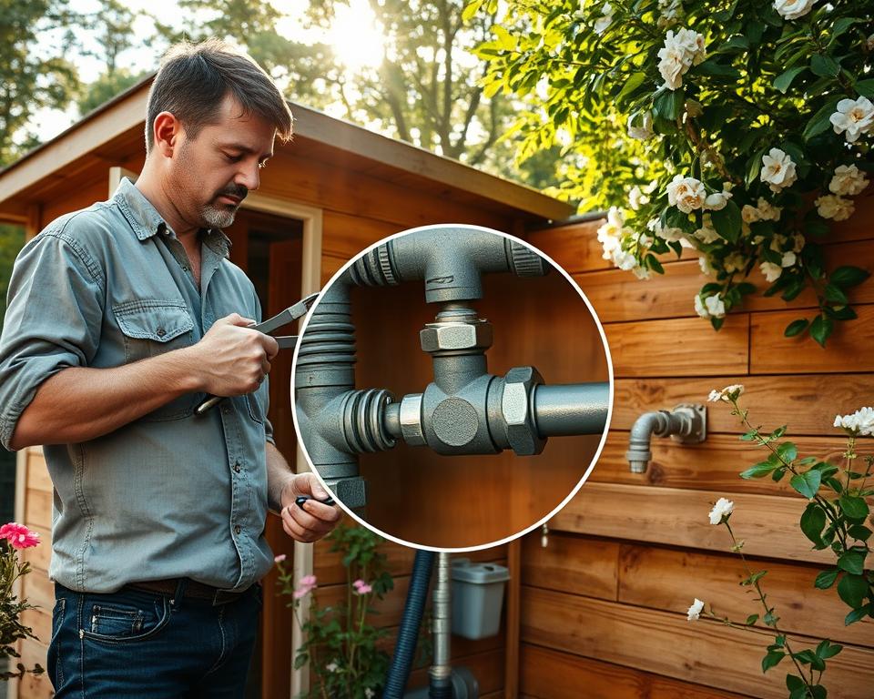 A detailed handyman at a garden shed, examining a water connection for maintenance. In the foreground, the handyman wears modest casual clothing, holding tools such as pliers and a wrench. The middle layer shows a close-up of the water connection, with visible pipes, valves, and a hose fitting. The shed is made of wooden planks, surrounded by blooming flowers and lush greenery. In the background, soft sunlight filters through the trees, creating a warm, inviting atmosphere. The scene is captured at a slight angle, emphasizing both the intricate details of the plumbing and the serene garden setting. The image conveys a sense of care and diligence in maintaining garden infrastructure.