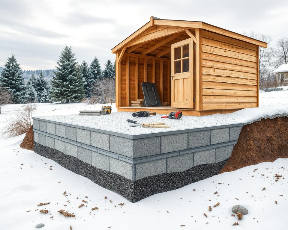 A detailed illustration of a frost protection foundation for a garden shed, showcasing a solid, layered design ensuring stability against winter weather. In the foreground, depict the frost-resistant foundation, clearly showing concrete or gravel layers with insulation materials. The middle ground features the garden shed structure, partially completed, with tools and materials scattered around, emphasizing an ongoing construction project. In the background, a winter landscape with light snowfall creates a serene atmosphere, with evergreen trees and a cloudy sky complementing the scene. The lighting is soft and diffuse, mimicking an overcast winter day, with a slightly angled perspective that captures the height of the shed. The mood is practical yet tranquil, highlighting the importance of durable foundations in seasonal changes.