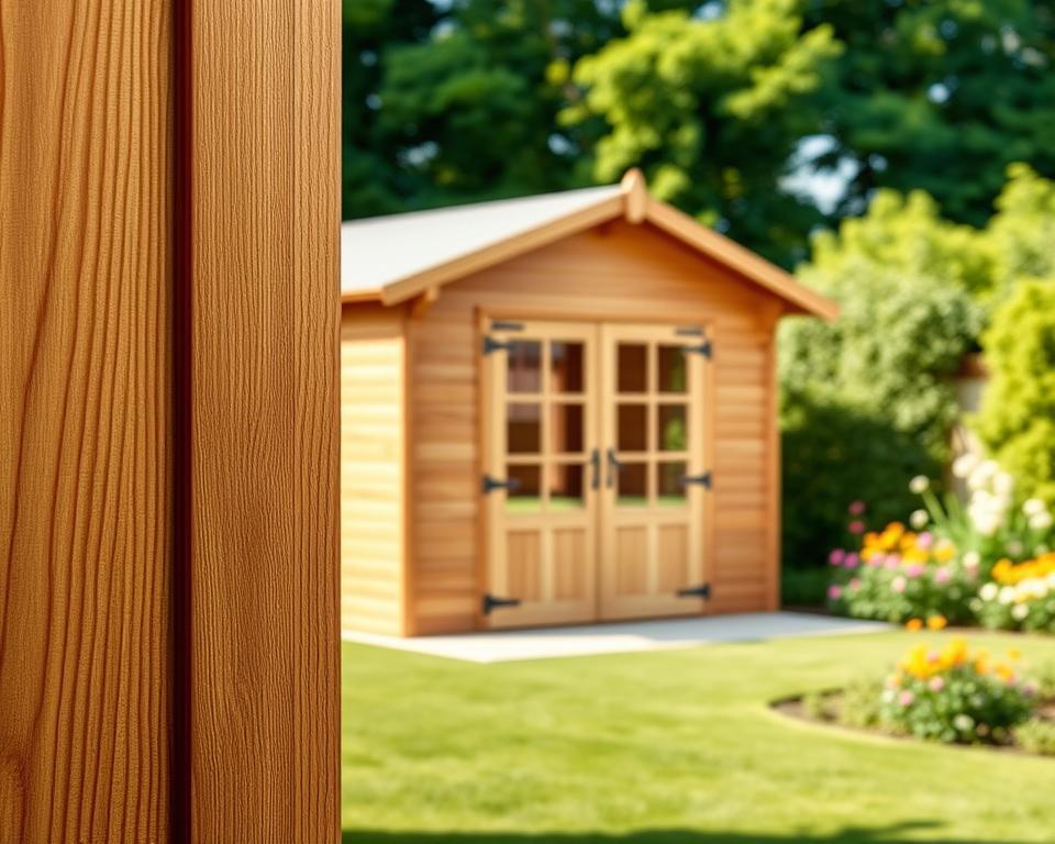 A detailed illustration of a garden shed with a 19mm wall thickness, showcasing its sturdy construction. In the foreground, focus on the textured wooden walls, highlighting the natural grain and finish in warm brown hues. The middle ground features the shed complete with a sloped roof and large windows, inviting light into the interior. Use soft, diffused natural lighting to enhance the warmth and authenticity of the wood. In the background, depict a serene garden setting with lush greenery and colorful flowers, creating a tranquil atmosphere. Capture the scene from a slightly elevated angle, emphasizing the shed's structure within its garden environment, evoking a peaceful and functional outdoor space.