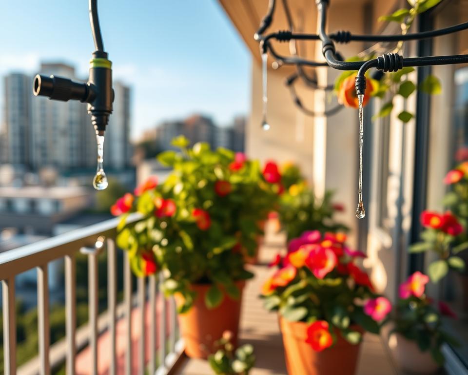 A detailed micro-drip irrigation system installed on a stylish balcony, showcasing its network of tubes and emitters attached to vibrant flower pots brimming with colorful blooms like geraniums and petunias. In the foreground, a close-up captures the drip emitters releasing water droplets, reflecting sunlight in a sparkling manner. The middle ground features the balcony's railing adorned with lush green plants, while the background reveals a tranquil urban landscape with soft-focus apartment buildings under a clear blue sky. Warm, natural lighting enhances the scene, creating an inviting and serene atmosphere perfect for garden enthusiasts. The perspective is slightly elevated, showcasing the system's efficiency and elegance without any human presence or text overlays.