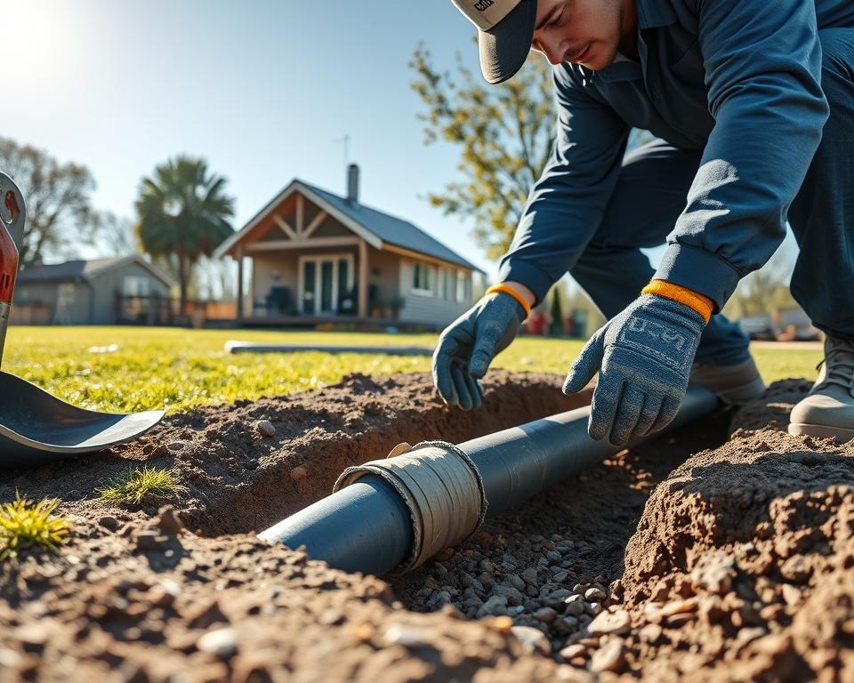 A detailed outdoor scene depicting the installation of frost-proof water pipes in a garden setting. In the foreground, a professional contractor in a blue shirt and safety gloves is carefully positioning insulated piping into a trench, with tools like a shovel and pipe cutters nearby. In the middle ground, a partially buried water line is visible, wrapped in protective material, surrounded by soil and small rock debris. The background shows a cozy garden house with a lush lawn and trees under a clear blue sky, casting soft sunlight over the scene. The mood is focused and industrious, capturing the importance of proper installation for maintaining functionality in colder climates. Shot from a slightly elevated angle to provide an overview of the installation process.