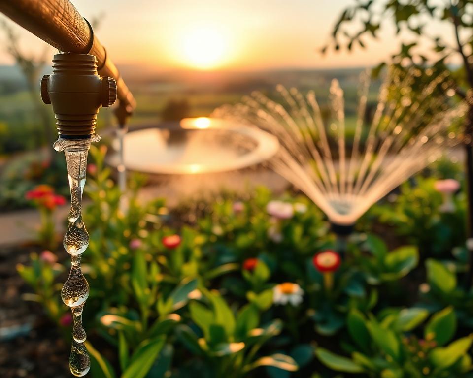 A detailed overview of various garden irrigation systems, showcasing a range of options like drip irrigation, sprinklers, and soaker hoses. In the foreground, vividly illustrate a close-up of a sophisticated drip irrigation setup with water droplets glistening in sunlight. The middle ground should display a well-maintained garden with various plants and flowers being nourished by a traditional sprinkler system, with water spraying in soft arcs. In the background, depict a lush landscape with a visible reservoir and the sun setting, casting a warm golden light across the scene. The atmosphere should evoke a sense of tranquility and efficiency, highlighting the importance of effective garden irrigation. Use a wide-angle lens for a comprehensive view, ensuring clarity and detail in each system without any text or watermarks.