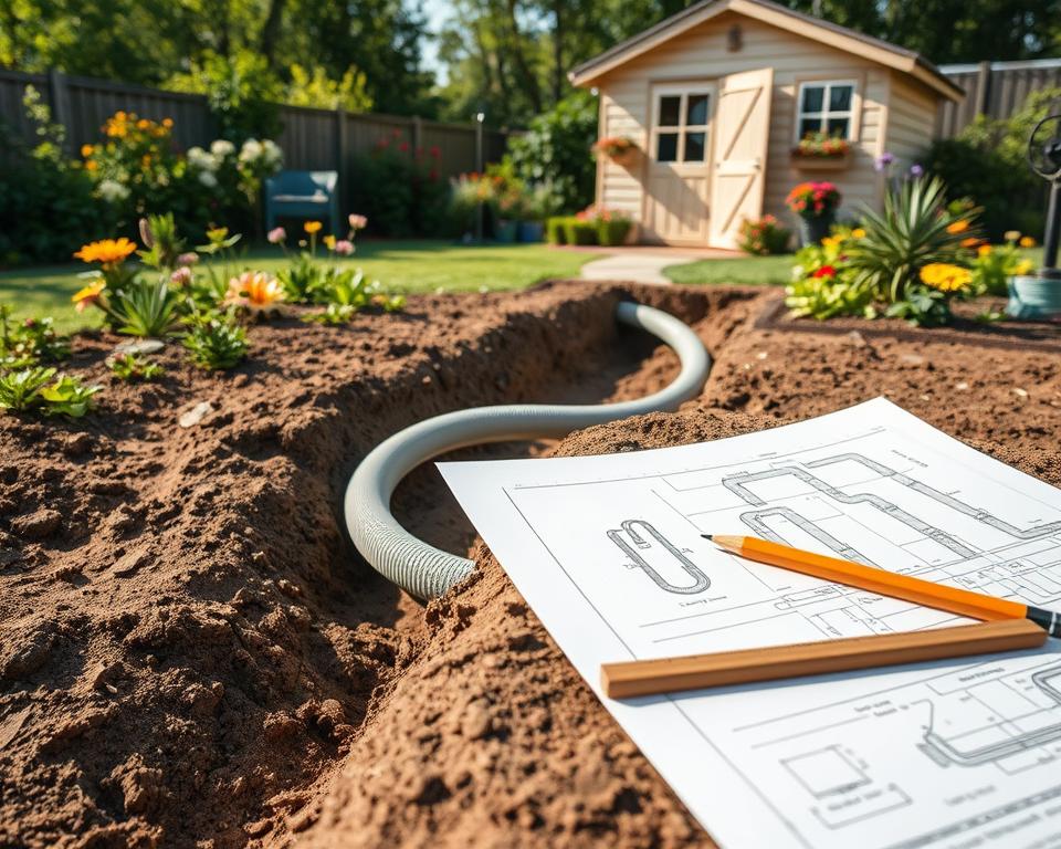 A detailed planning scene showing a layout for water supply lines leading to a charming garden shed. In the foreground, there are neatly drawn blueprints and sketches, with a ruler and pencil placed beside them, capturing a moment of thoughtful design. The middle ground features a partially dug trench in soft earth, where flexible water pipes are being arranged. In the background, the garden is lush and vibrant, with various colorful flowers and greenery surrounding the shed, creating a peaceful, productive atmosphere. The scene is illuminated with warm, natural light, suggesting a sunny afternoon. The angle is slightly elevated to showcase both the planning and the garden surroundings, evoking a sense of anticipation and careful preparation for the installation process.