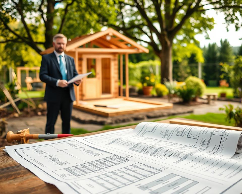 A detailed scene depicting a garden house construction site, focusing on the legal aspects of foundation requirements. In the foreground, plans and blueprints spread out on a wooden table, featuring intricate details of different foundation types for garden houses. In the middle ground, a construction professional in business attire, inspecting documents for building permits, stands confidently with a pen in hand. Surrounding him are gardening tools and foundation materials. The background showcases a picturesque garden with a partially constructed garden house, emphasizing the serene outdoor environment. Soft, natural lighting filters through nearby trees, creating a warm and inviting atmosphere, captured from a slightly elevated angle to provide a comprehensive view of the site.