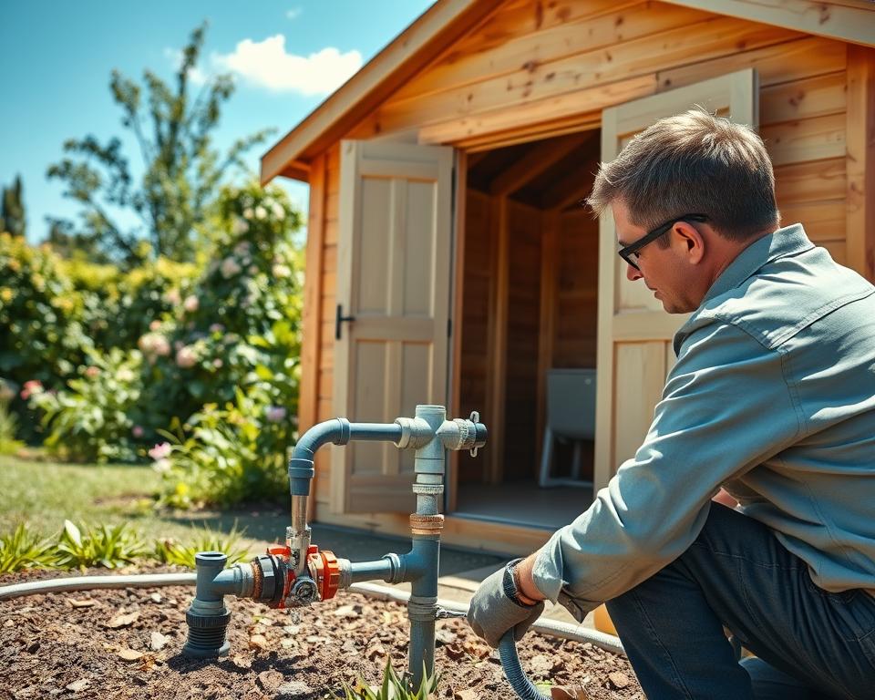 A detailed scene depicting the installation of a water connection for a garden shed, showing a professional technician in modest casual clothing working meticulously. In the foreground, focus on the technician connecting pipes to the main water line, with tools and fittings neatly arranged around them. The middle ground features a partially constructed garden shed, with wooden beams and an open door revealing a tidy interior. In the background, a lush garden with blooming flowers and a clear blue sky enhances the atmosphere of a sunny day. Use soft, natural lighting to create a warm, inviting feel. The angle should be slightly elevated, providing a clear view of the installation process while capturing the pleasant garden surroundings.