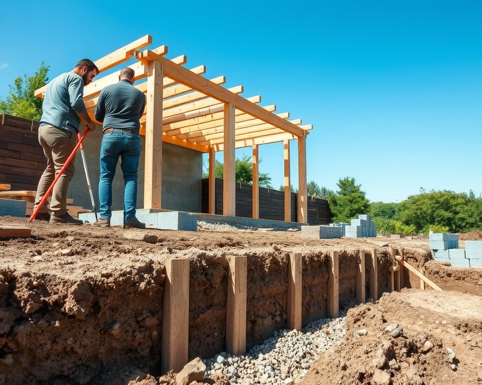 A detailed view of a "Streifenfundament" (strip foundation) being constructed for a garden house, showcasing the structural aspects. In the foreground, a partially dug trench revealing the foundation design, with workers in modest casual clothing measuring and aligning wooden forms. In the middle ground, a partially built garden house structure rises, emphasizing the sturdy foundation. Include construction materials such as gravel and concrete blocks around the site. In the background, clear blue skies and green garden foliage create a serene atmosphere. The lighting is natural daylight, casting soft shadows, with a slightly elevated angle to capture both the foundation work and the emerging structure effectively. The mood is professional and focused, highlighting construction precision.