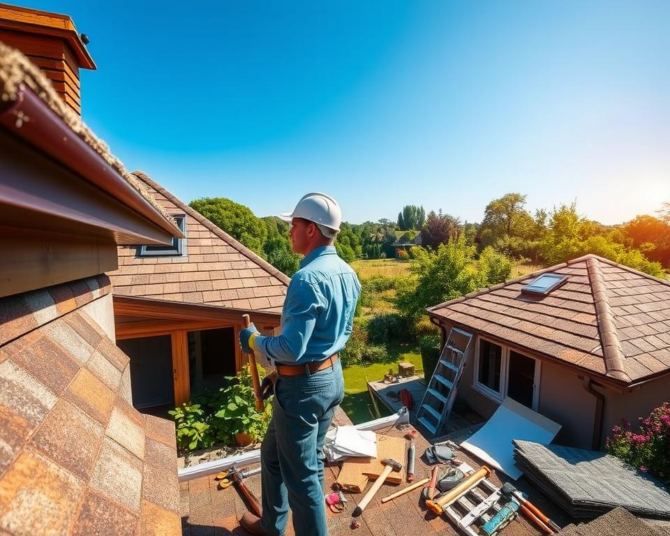 A detailed view of a garden house roof maintenance scene, showcasing various roof types including sloped, flat, and gabled designs. In the foreground, a professional in smart casual attire inspects the roof with safety gear, including gloves and a hard hat. The middle ground features an array of tools such as a ladder, hammer, and roofing materials scattered around. The background reveals a picturesque garden setting with lush greenery and flowers, under bright, clear blue skies. The lighting is warm and inviting, capturing a sunny day atmosphere. The camera angle is slightly elevated, offering a comprehensive perspective on both the garden house and the maintenance activities taking place. The image conveys a sense of diligence and care in roof upkeep.
