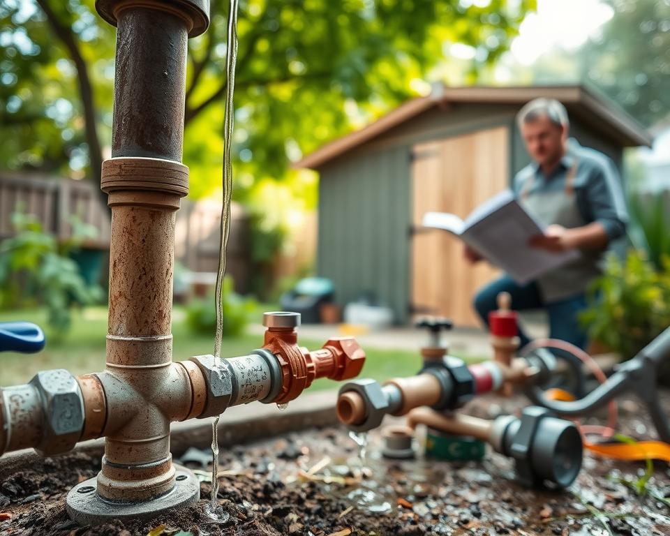 A detailed view of a problematic water connection installation involving a garden shed, emphasizing common installation mistakes. In the foreground, a close-up of incorrectly connected pipes with visible leaks, showcasing water dripping and tools like a wrench and tape measure scattered around. In the middle ground, a partially assembled water connection system with mismatched fittings and a confused homeowner in modest casual clothing, looking disappointed while examining the installation guide. The background features a lush garden setting with a garden shed and greenery, slightly blurred to focus on the malfunctioning pipes. Soft, natural daylight filters through trees, creating a slightly tense atmosphere that conveys the frustration of common installation errors.