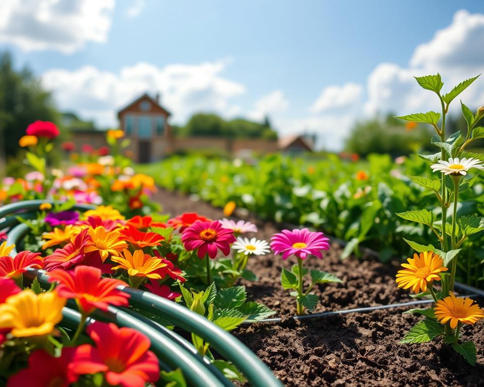 A lush garden scene featuring a "Perlschlauch" drip irrigation system in an orderly flower bed. In the foreground, the soft, dark green tubing lies neatly alongside vibrant blooming flowers in various colors, showcasing a mixture of blooming petunias, marigolds, and daisies. In the middle ground, a well-tended vegetable patch with bright green vegetable plants and soil rich with nutrients is visible, demonstrating the effective use of the irrigation system. The background features a sunny, clear blue sky with soft, fluffy clouds, conveying a warm summer day. Natural sunlight highlights the moisture on the leaves, enhancing the freshness of the scene. Shot from a slightly elevated angle, creating depth while inviting the viewer into the picturesque garden atmosphere. The image should be vibrant and evoking a sense of peace and satisfaction in garden care.