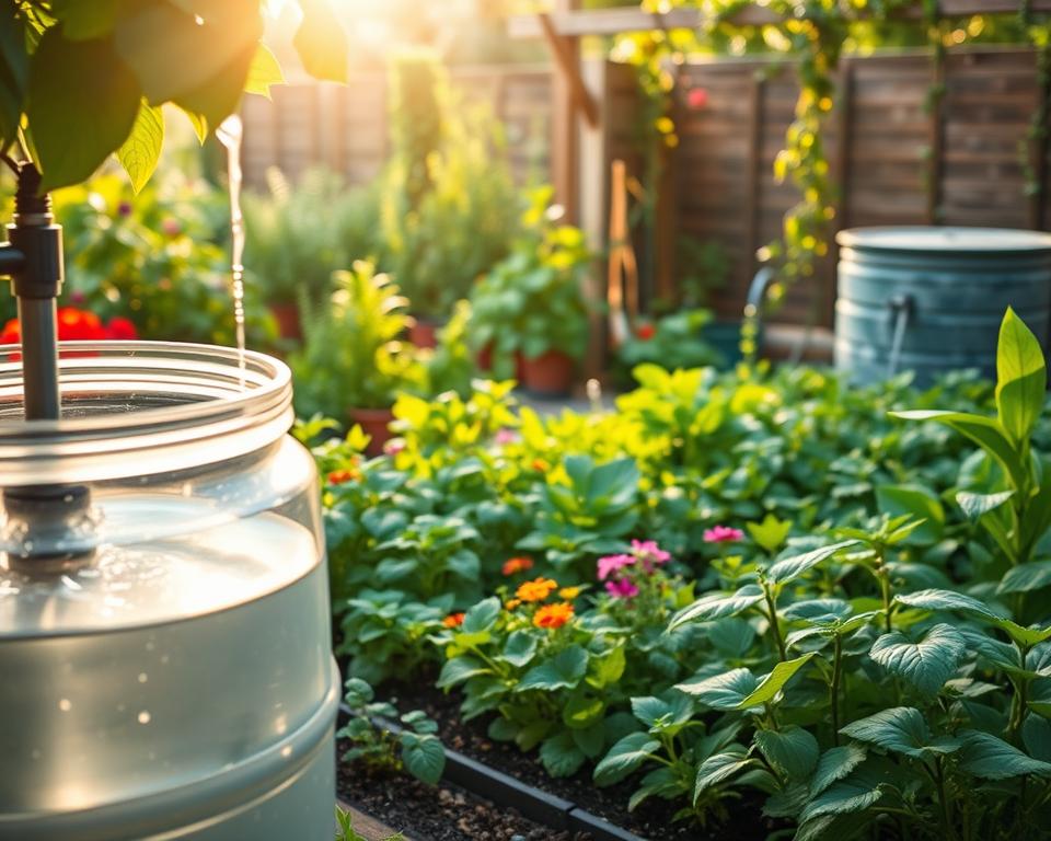 A lush, vibrant garden scene illustrating sustainable watering methods. In the foreground, a carefully designed rainwater harvesting system with a clear barrel filled with rainwater. Nearby, a drip irrigation system is gently watering colorful flower beds. In the middle ground, an array of diverse plants includes herbs, vegetables, and flowering plants, all thriving under natural sunlight. The background features a wooden trellis with climbing plants and an eco-friendly compost bin. Soft, golden sunlight filters through the leaves, creating a warm, inviting atmosphere. The angle captures the interplay of light and greenery, emphasizing the harmony between nature and sustainable gardening practices. The overall mood is serene and eco-conscious, showcasing a commitment to environmental sustainability in gardening. No people or text are included in the scene.