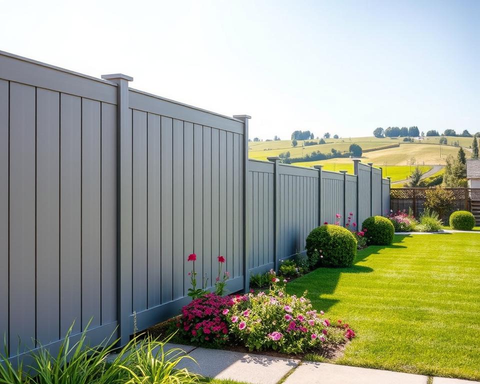 A modern, durable Kunststoff Sichtschutzzaun stands prominently in the foreground, featuring sleek panels with a contemporary design. The fence is composed of interlocking synthetic materials in a neutral color palette, perfectly integrated into a picturesque garden setting. In the middle ground, vibrant flowers and carefully shaped shrubs enhance the beauty of the scene, while a well-maintained lawn stretches beneath a bright, sunny sky. The background shows gentle rolling hills and scattered trees, implying a peaceful suburban environment. The image should have soft, natural lighting, capturing the serene atmosphere of a bright, sunny day, with a slight vignette effect to focus attention on the fence. The overall mood is modern, inviting, and tranquil, ideal for depicting stylish garden solutions. A modern, durable Kunststoff Sichtschutzzaun stands prominently in the foreground, featuring sleek panels with a contemporary design. The fence is composed of interlocking synthetic materials in a neutral color palette, perfectly integrated into a picturesque garden setting. In the middle ground, vibrant flowers and carefully shaped shrubs enhance the beauty of the scene, while a well-maintained lawn stretches beneath a bright, sunny sky. The background shows gentle rolling hills and scattered trees, implying a peaceful suburban environment. The image should have soft, natural lighting, capturing the serene atmosphere of a bright, sunny day, with a slight vignette effect to focus attention on the fence. The overall mood is modern, inviting, and tranquil, ideal for depicting stylish garden solutions.