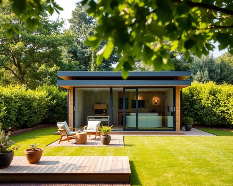 A modern flat-roofed garden house, designed with sleek lines and a minimalist aesthetic, sits in a lush garden setting. The foreground features a small wooden deck with stylish outdoor furniture and potted plants. The middle ground showcases the garden house, constructed from wood and large glass panels, allowing natural light to flood the interior. The flat roof is elegantly finished, with subtle overhangs that create shade. In the background, a vibrant green lawn and lush hedges frame the scene, while soft, diffused sunlight filters through the trees, casting gentle shadows. The atmosphere is serene and inviting, perfect for a modern backyard retreat. The image should be captured from a slight angle, emphasizing the sleek silhouette and natural surroundings.