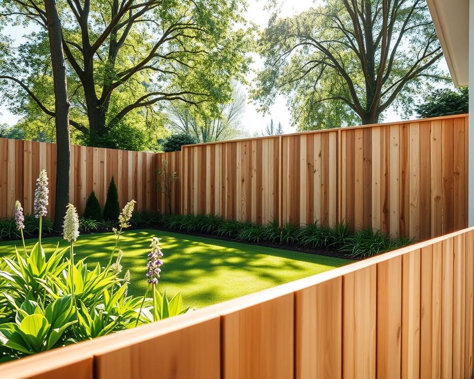 A modern garden featuring a "BASICline Sichtschutzzaun" which serves as a protective privacy fence. In the foreground, the sleek wooden panels of the fence are prominently displayed, highlighting their smooth finish and natural wood grain. The middle ground showcases a well-kept garden with vibrant green plants, colorful flowers, and a neatly maintained lawn, creating a serene atmosphere. In the background, soft sunlight filters through the leaves of surrounding trees, casting gentle shadows on the ground, enhancing the tranquil mood. The perspective is slightly low, emphasizing the height and sturdiness of the fence. Aim for a bright, cheerful daylight scene that conveys comfort and privacy in a residential setting, without any human figures. A modern garden featuring a "BASICline Sichtschutzzaun" which serves as a protective privacy fence. In the foreground, the sleek wooden panels of the fence are prominently displayed, highlighting their smooth finish and natural wood grain. The middle ground showcases a well-kept garden with vibrant green plants, colorful flowers, and a neatly maintained lawn, creating a serene atmosphere. In the background, soft sunlight filters through the leaves of surrounding trees, casting gentle shadows on the ground, enhancing the tranquil mood. The perspective is slightly low, emphasizing the height and sturdiness of the fence. Aim for a bright, cheerful daylight scene that conveys comfort and privacy in a residential setting, without any human figures.
